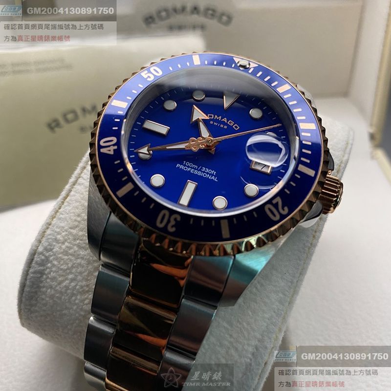 ROMAGO雷米格男錶,編號RM00002,42mm玫瑰金, 寶藍錶殼,銀色, 玫瑰金色錶帶款