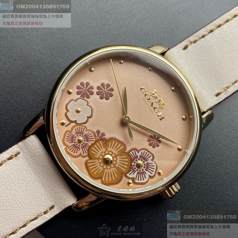 COACH蔻馳女錶,編號CH00003,36mm金色圓形精鋼錶殼,淺紅色花紋錶面,米白色真皮皮革錶帶款,送禮最愛!