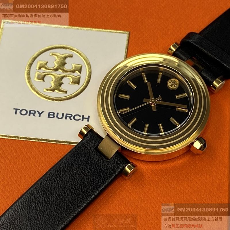 TORY BURCH湯麗柏琦女錶,編號TBW9007,30mm金色圓形精鋼錶殼,黑色簡約錶面,深黑色真皮皮革錶帶款