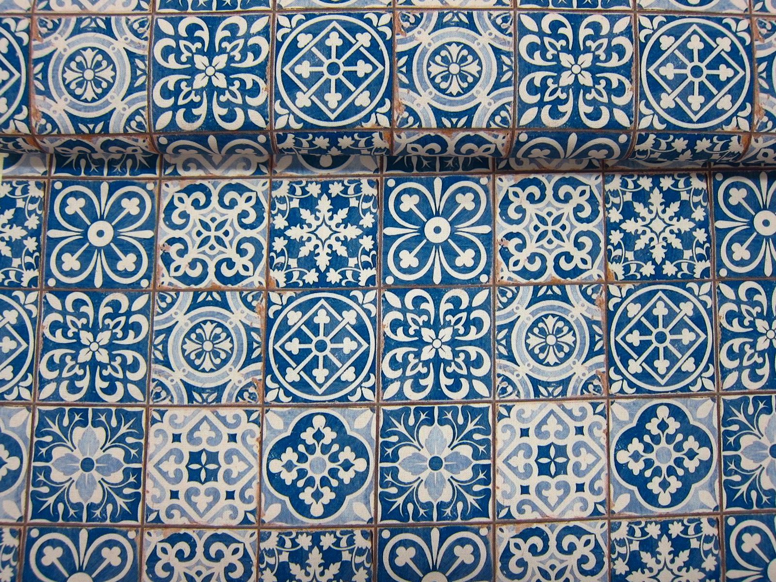 台灣製數位印刷古布-藍瓷花磚-藍-100%純綿、台灣製造