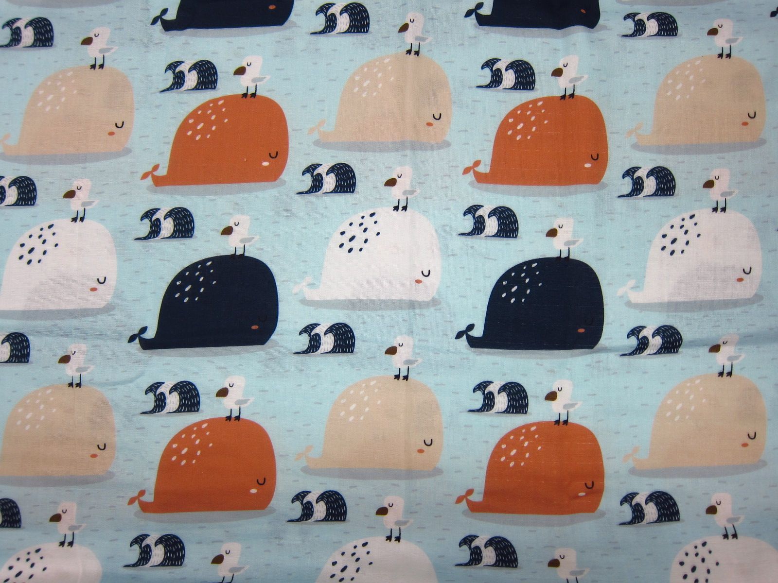 極度舒適數位印刷二重紗-可愛鯨魚家族-水藍底-100%純綿、台灣製造