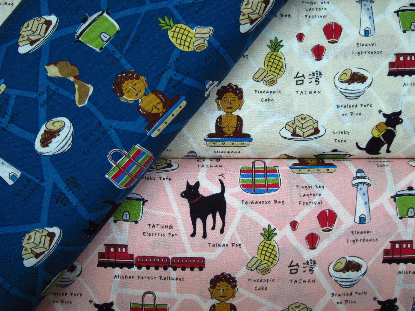 台灣製平織綿布-台灣黑犬背包客-深藍底、米黃底、粉底（100%純綿、台灣製造）