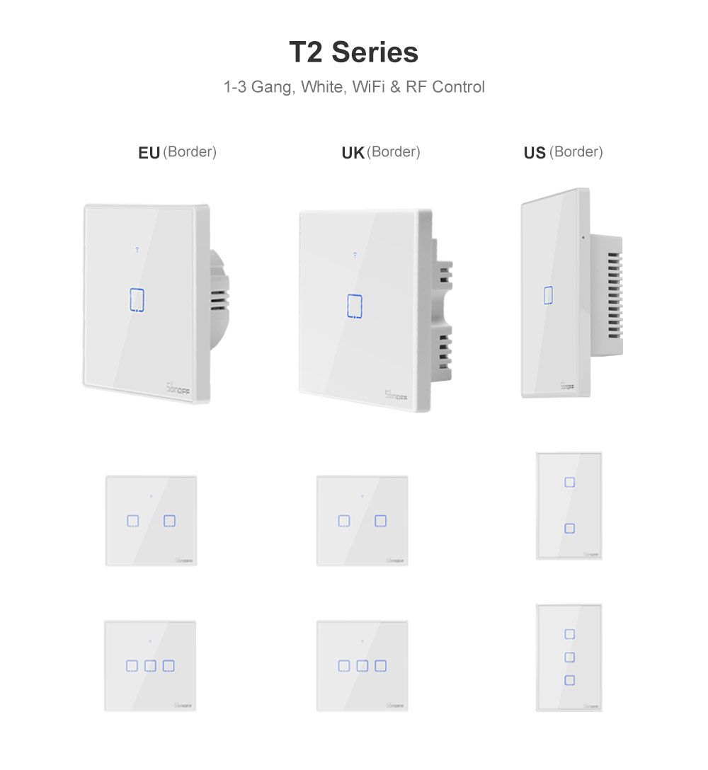 SONOFF TX系列 T2US1C/T2US2C/T2US3C 白色美規（1/2/3鍵）智慧牆壁開關WI-FI、RF版