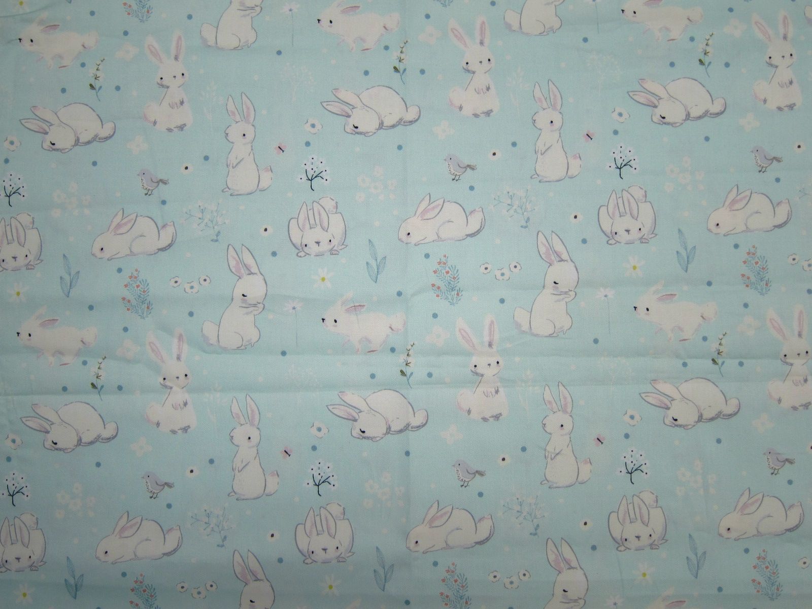 台灣製數位印刷精梳綿布-可愛白兔家族-水綠底-100%純綿、台灣製造
