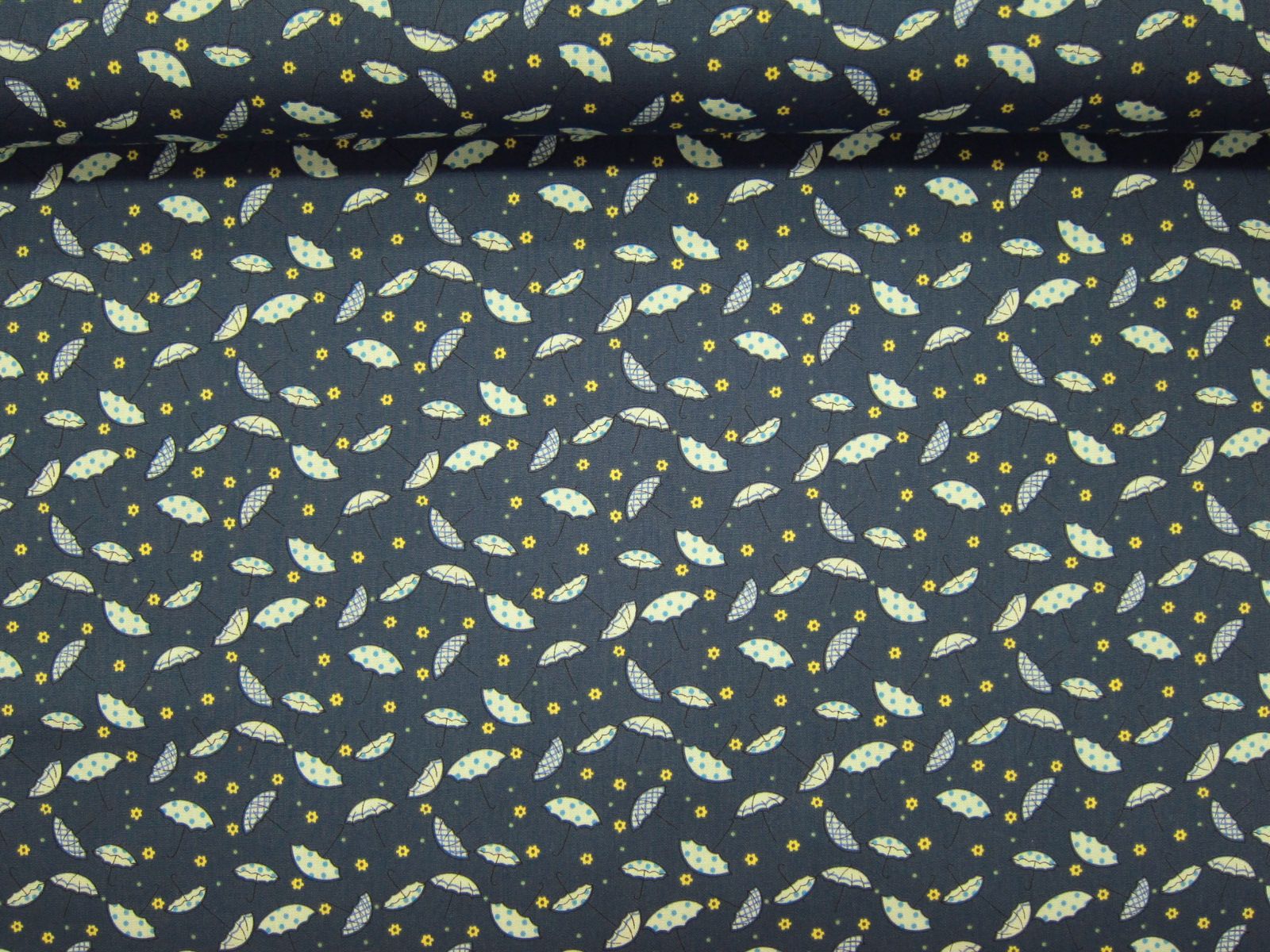 台灣製平織綿布-可愛小花傘-深藍底（100%純綿、台灣製造）