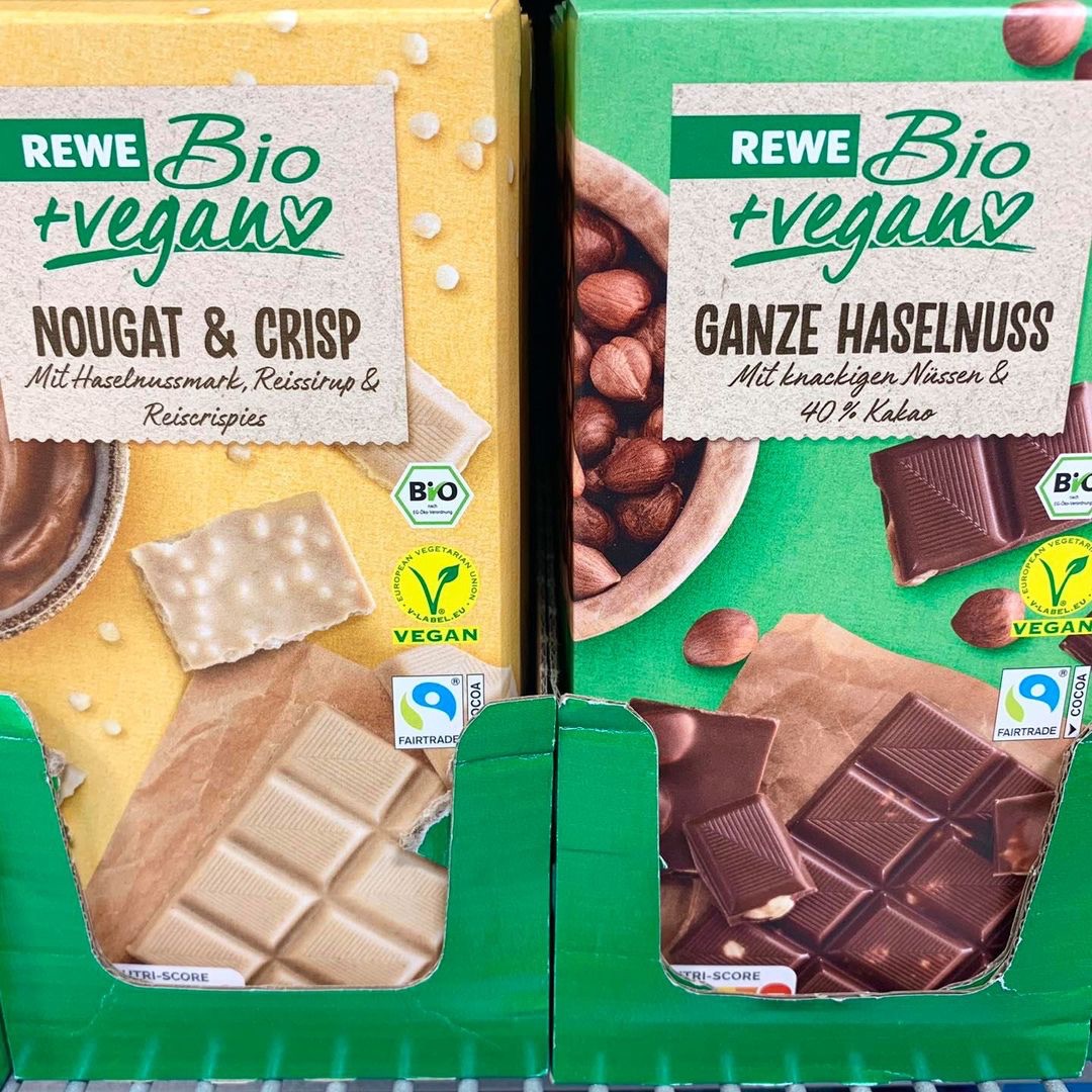 REWE 純素1.榛果巧克力2.瑞士牛軋糖和脆片白巧 100g