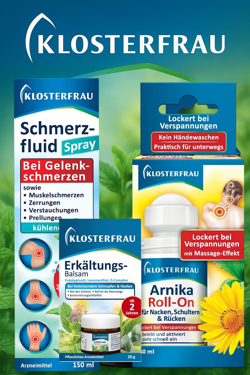 Klosterfrau德國修女-舒緩疼痛噴霧，150 毫升，山金車滾珠精油，50ml，草本感冒舒緩膏（2歲以上適用）