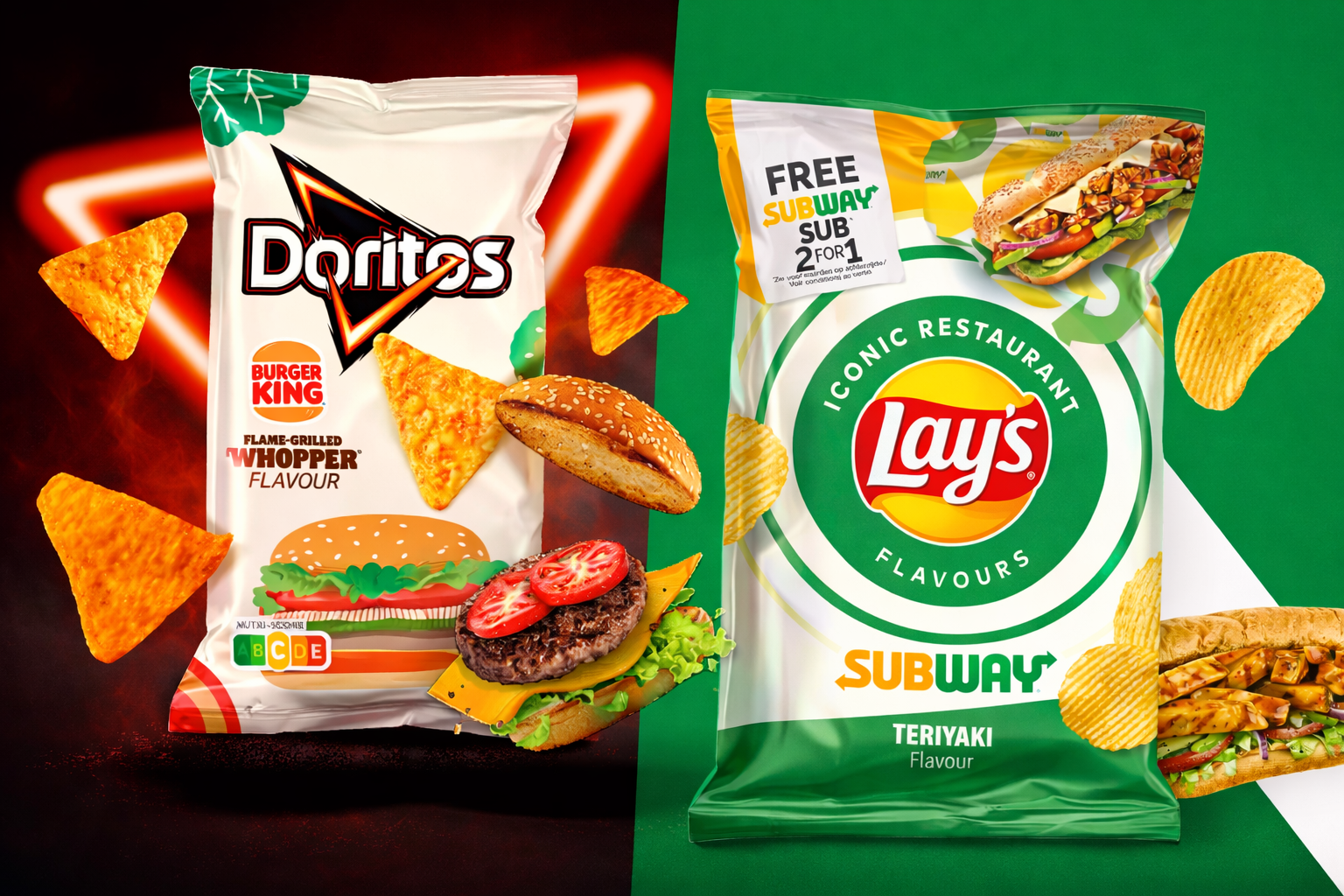 -限量5包洋芋片-特殊口味---樂事Subway口味150g大份量；多力多滋漢堡王口味100g大份量