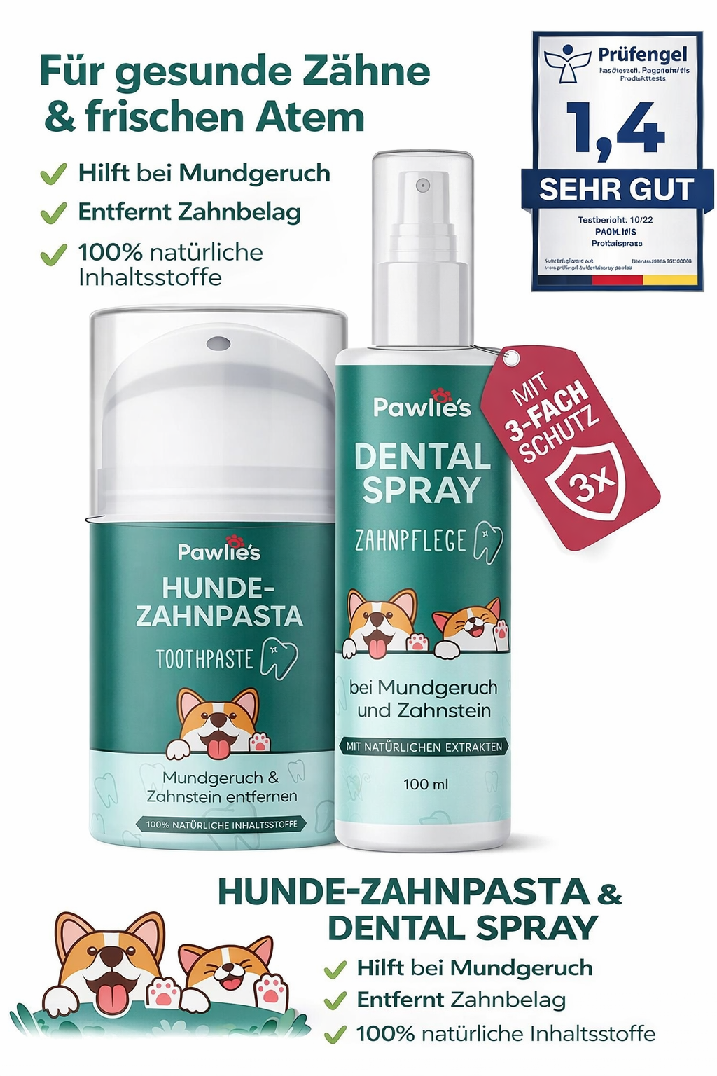 Pawlie’s 1.狗狗牙膏 2.貓+狗牙齒噴霧 - 天然牙齒護理，有效對抗牙垢、口臭和牙齦炎 50ml