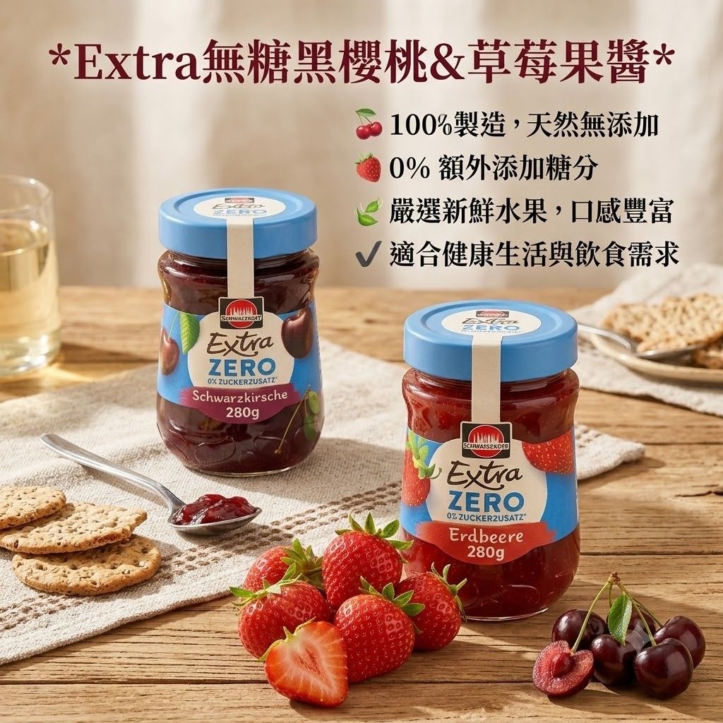Extra無糖果醬 280g 黑櫻桃 ，草莓口味（特別適合飲控，糖尿病，體重控制的人食用）