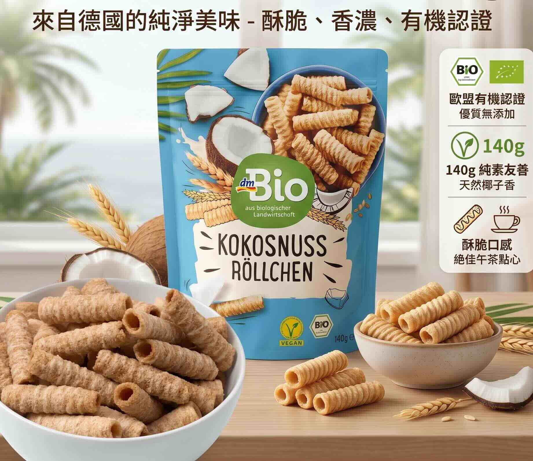 『限量，已買不到』dmBio 無麩 椰子捲 （140g） 吃起來像脆笛酥，成分超級單純