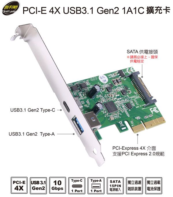 伽利略 PCI-E 4X USB3.1 Gen2 1A1C 擴充卡 （PTU312C）