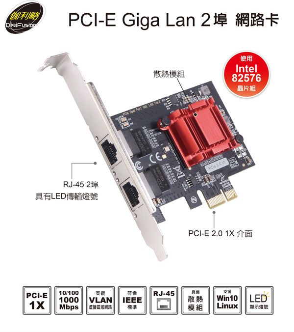 伽利略 PCI-E Giga Lan 2埠 網路卡 （PETL02B）