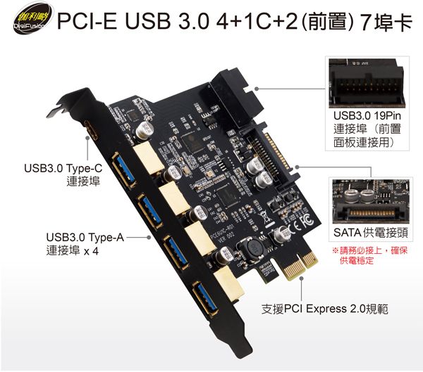 伽利略 PCI-E USB3.0 4+1C+2（前置） 7埠卡 （PTU314C）