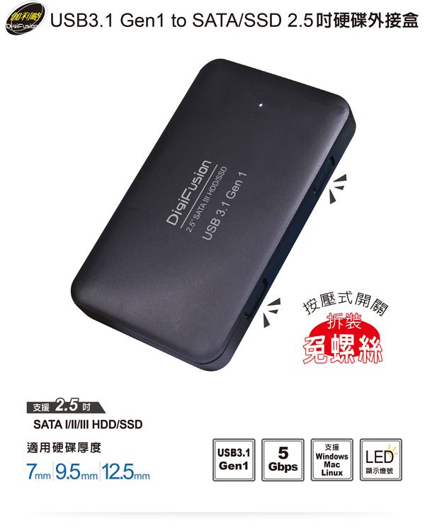伽利略 USB3.1 Gen1 to SATA/SSD 2.5＂ 硬碟外接盒 （HD-332U31S）