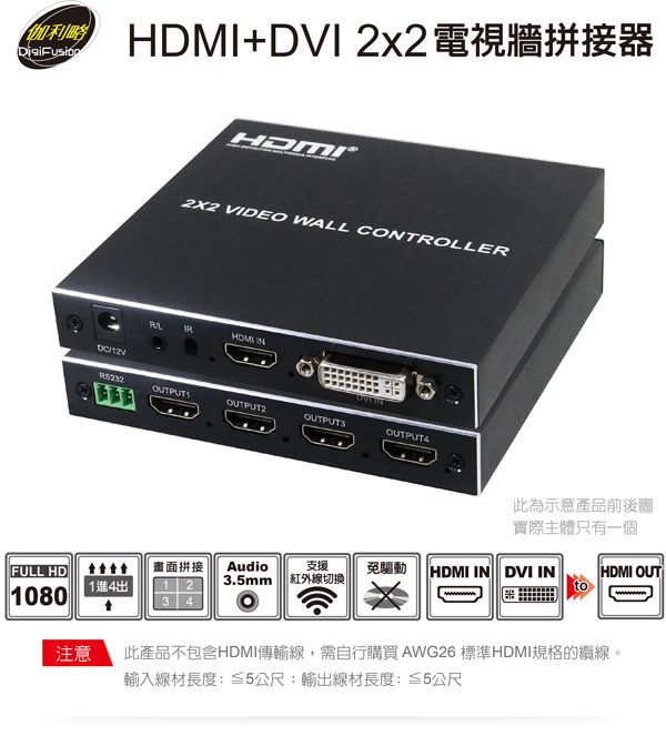 伽利略 HDMI+DVI 2x2 電視牆拼接器	（HDVIWC）