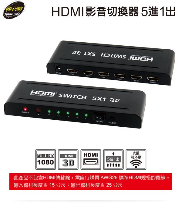 伽利略 HDMI 影音切換器 5進1出 （HDS501A）