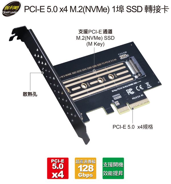 伽利略 PCI-E 5.0x4 M.2（NVMe） 1埠 SSD轉接卡	（M2PE54）