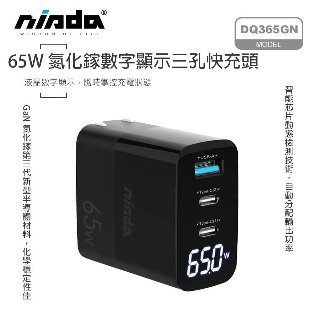 【NISDA】 DQ365GN 氮化鎵GaN數字顯示三孔充電器 65W PD+QC 三孔快充頭 手機充電器