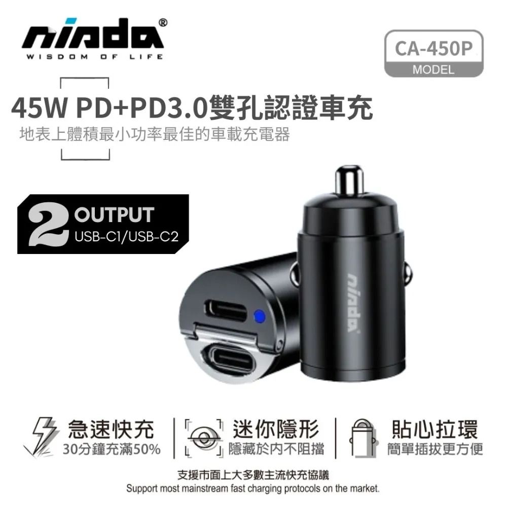 8折起【NISDA】超迷你 PD+PD3.0 45W 雙Type-C孔認證車充頭 （CA-450P）