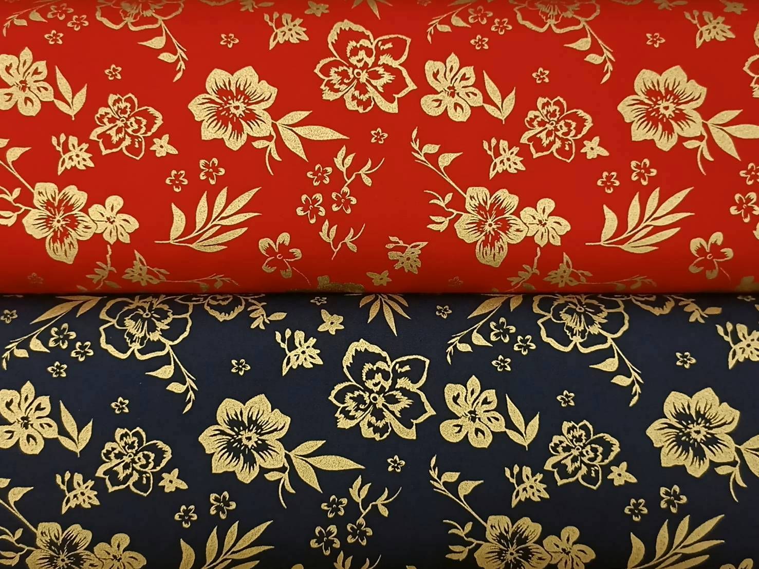 台灣製平織綿布-金蔥舞花-紅底、深藍底（100%純綿、台灣製造）