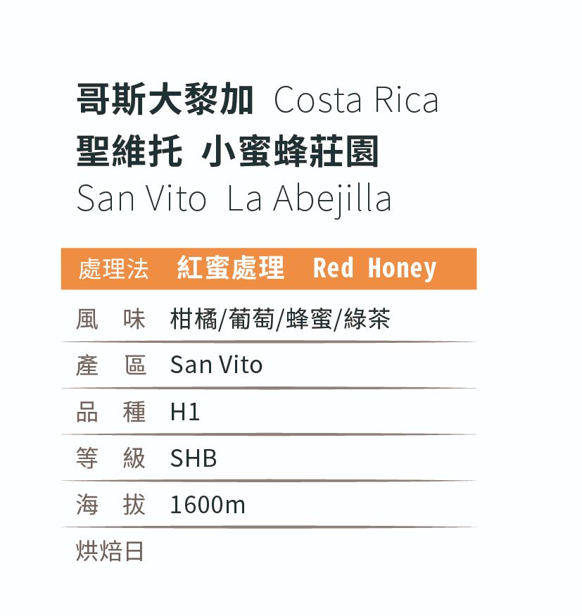 [淺 焙]＿哥斯大黎加_聖維托_小蜜蜂_紅蜜處理