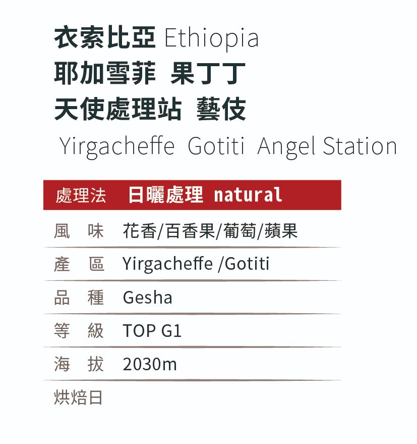 [淺焙]＿衣索比亞_耶加雪菲_果丁丁_天使處理廠_藝伎_G1_日曬處理