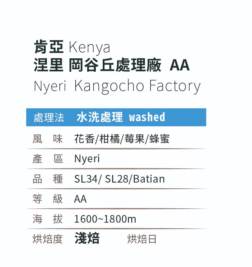[淺 焙]＿肯亞_涅里_岡谷丘處理廠_AA＿水洗處理