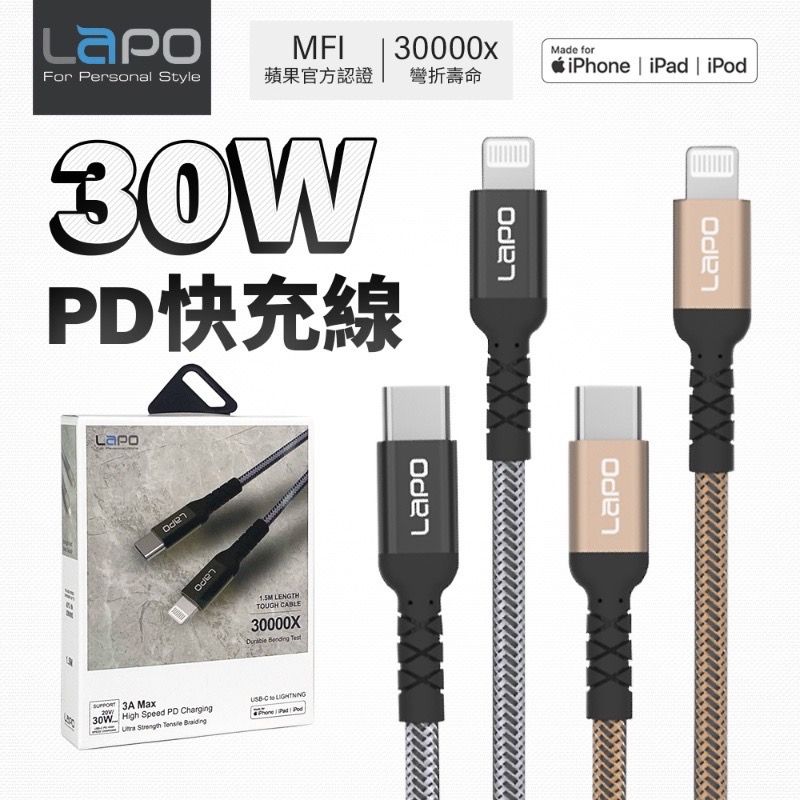 LAPO MFi認證TypeC To Lightning 1.5米 PD快充線 適用IPhone IPad 傳輸線 閃充