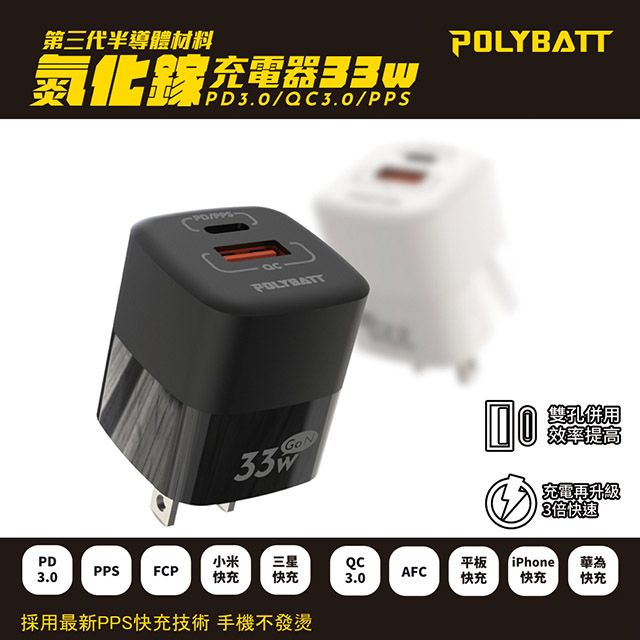 GaN氮化鎵 快充33W PD3.0+QC3.0 雙孔 充電器 充電頭 體積小 安全認證合格Iphome typec