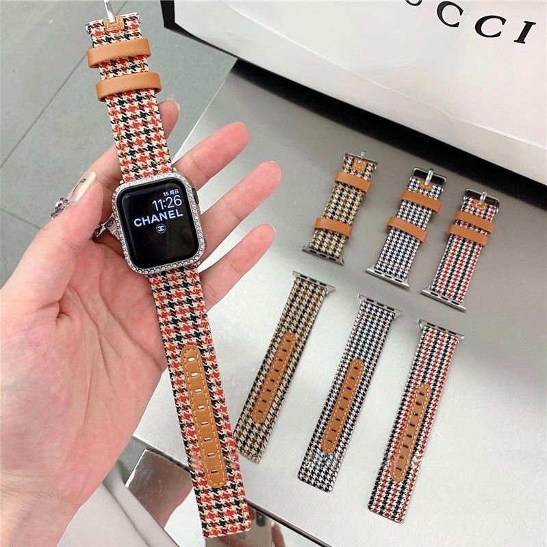 英倫風🇬🇧格紋 千鳥格 真皮帆布拼接 apple watch錶帶 皮革小蠻腰 7代 6/5 SE 41/45mm 休