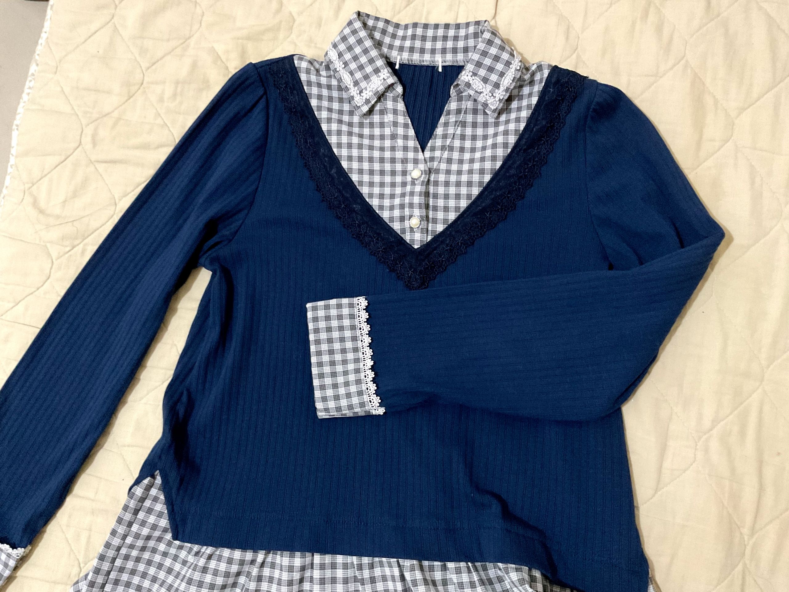 Axes femme 日單 學院風 假兩件 格紋針織衫