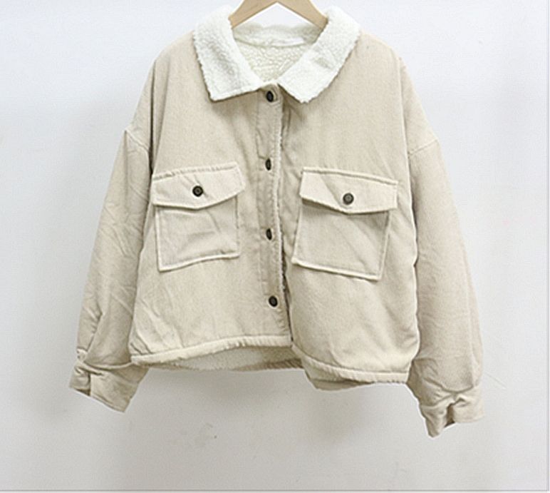 日牌 翻領 雙口袋 毛絨外套