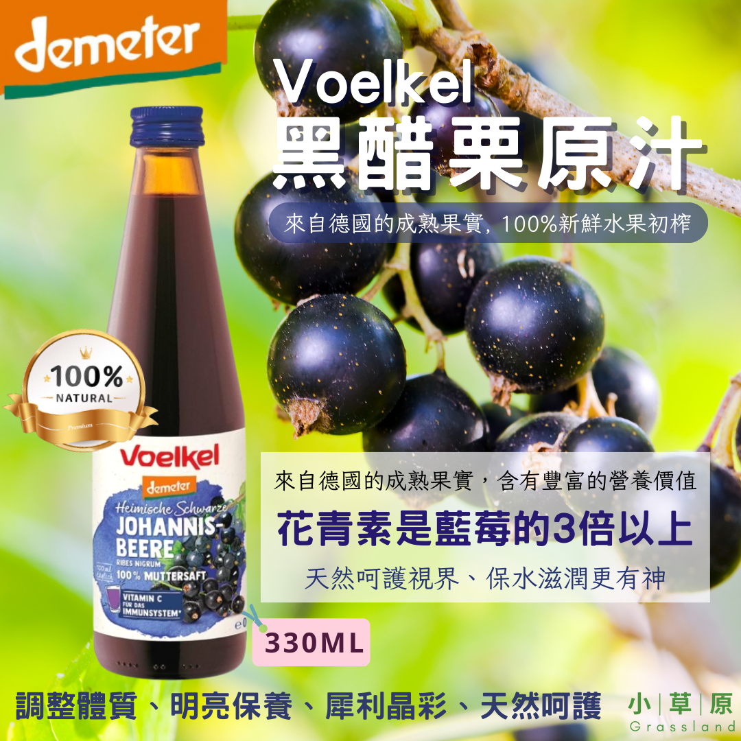 小草原｜Voelkel 黑醋栗原汁 330ml 花青素是藍莓的3倍以上．含有豐富的營養價值．天然呵護視界保水滋潤．純素