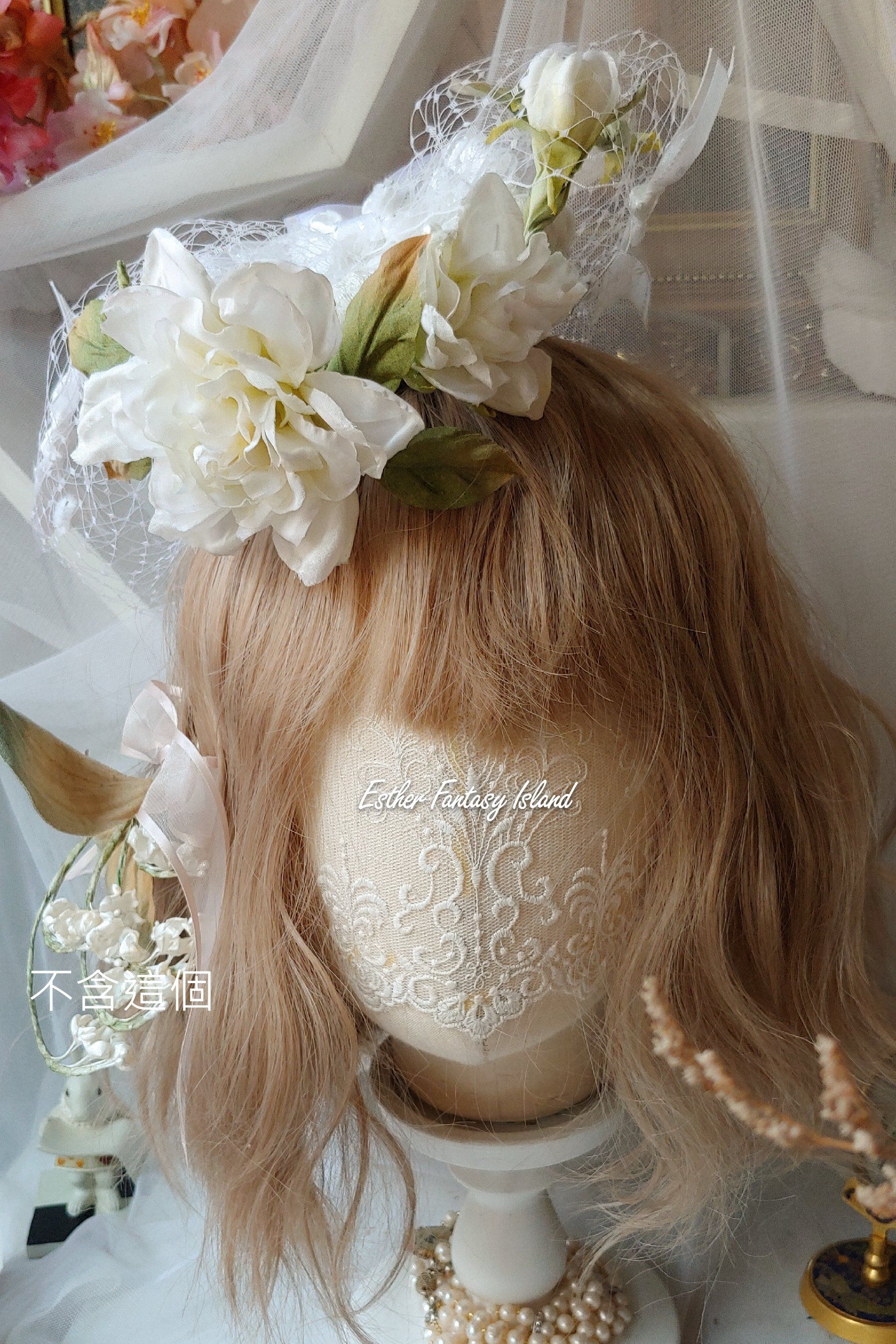 EFI日式造花飾品-梔子花與蕾絲網紗小圓帽