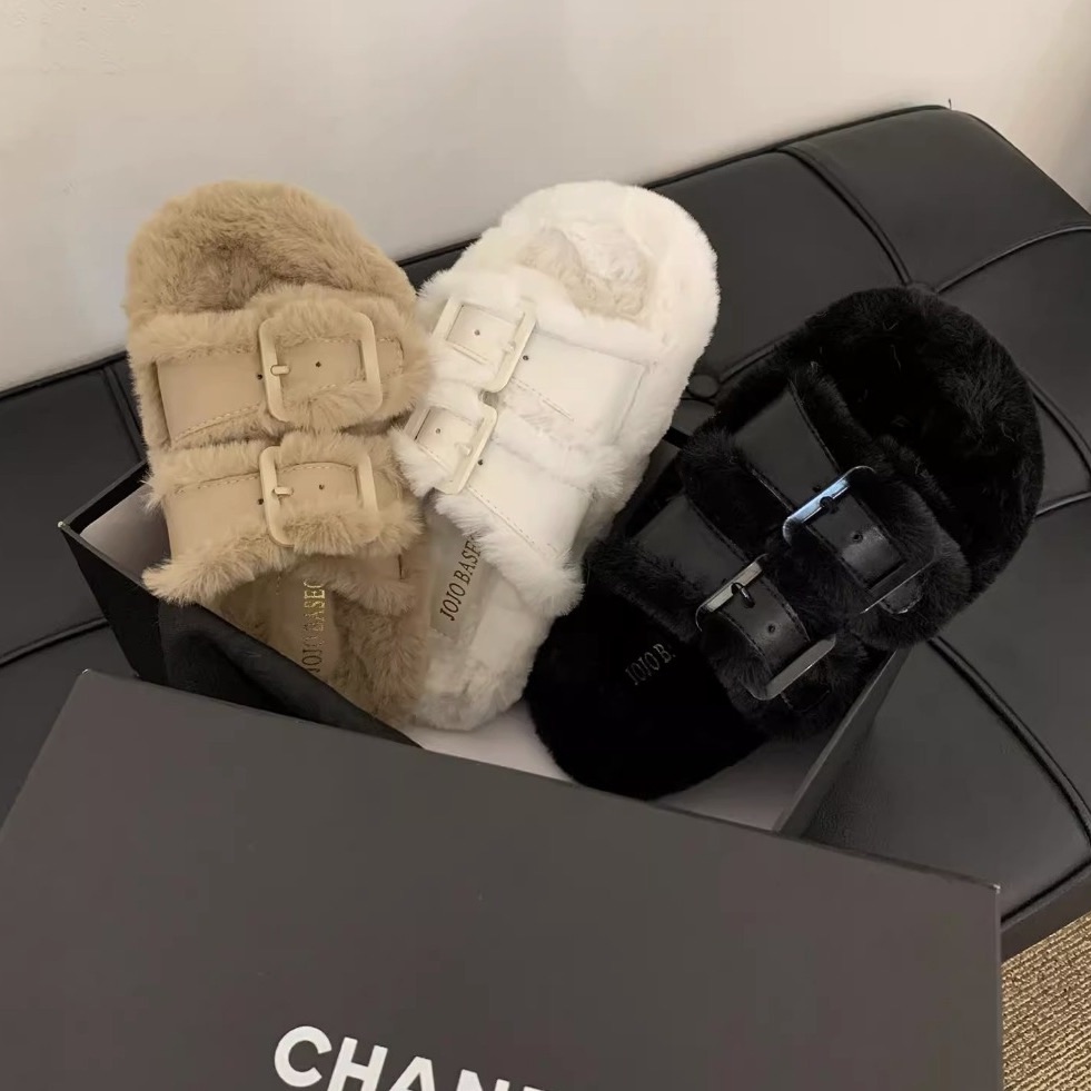高品質👍秋冬爆款 雙釦皮革厚底增高毛毛拖鞋