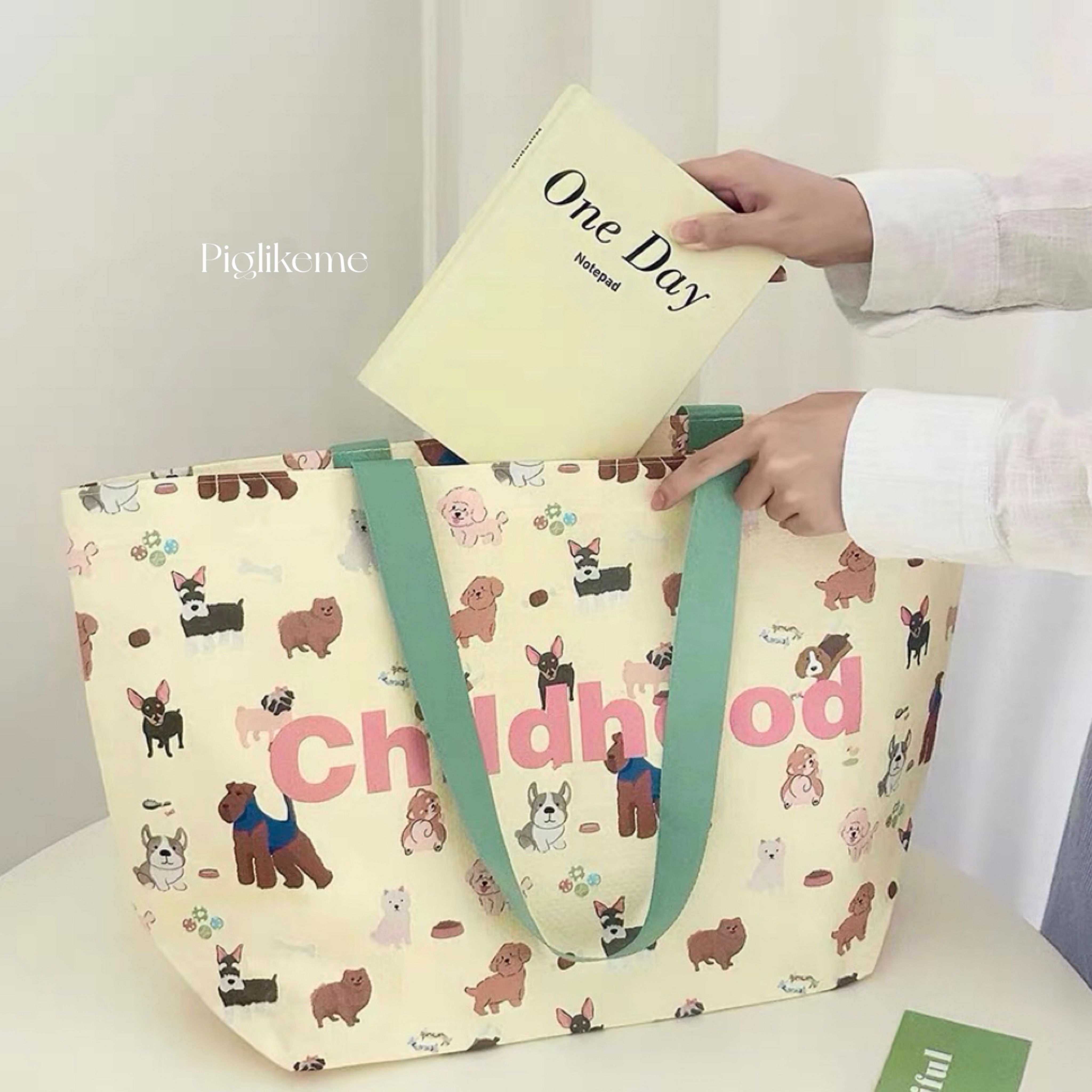 ￼Piglikeme|可愛狗狗插畫🐶編織袋 大容量購物袋 防水環保袋 手提袋