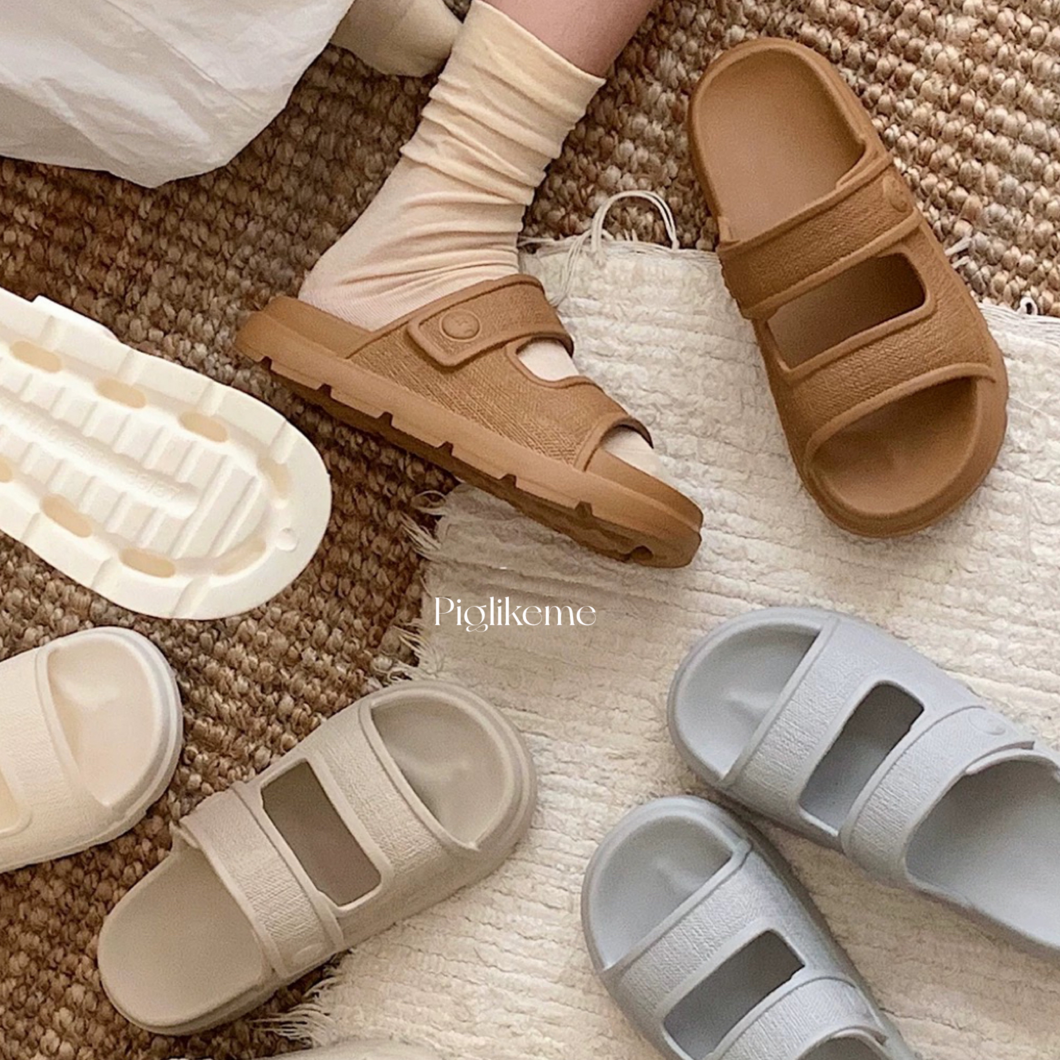 Piglikeme | 預購📦新款！休閒風仿麻布紋厚底防滑拖鞋