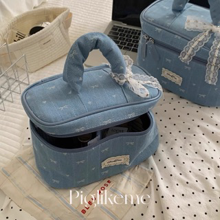 Piglikeme | 法式蕾絲緞帶少女系牛仔布手提化妝包（內層可自由搭配！）化妝品收納包 旅行洗漱包