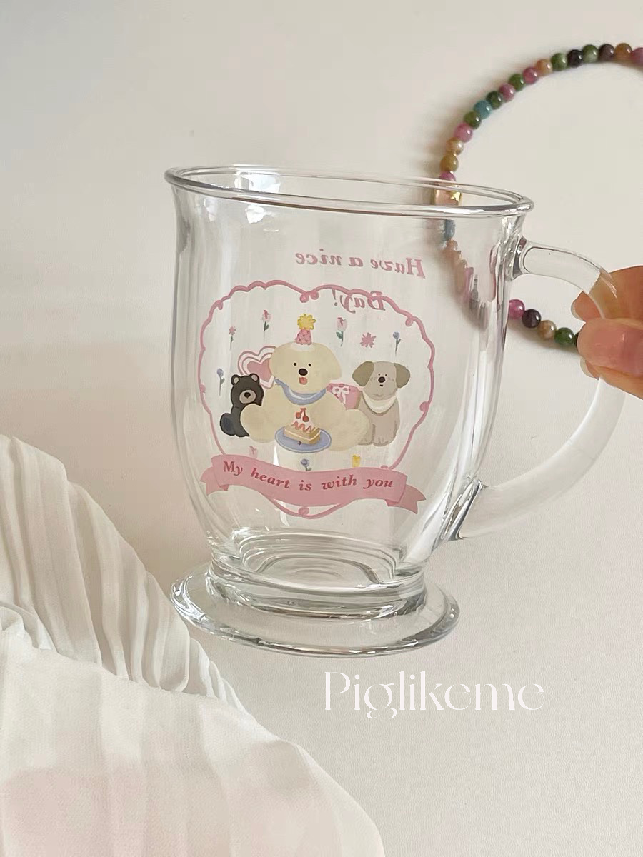Piglikeme | 狗狗生日派對玻璃杯 可愛小狗插畫馬克杯 牛奶杯 早餐杯 少女風格 可愛 生日禮物