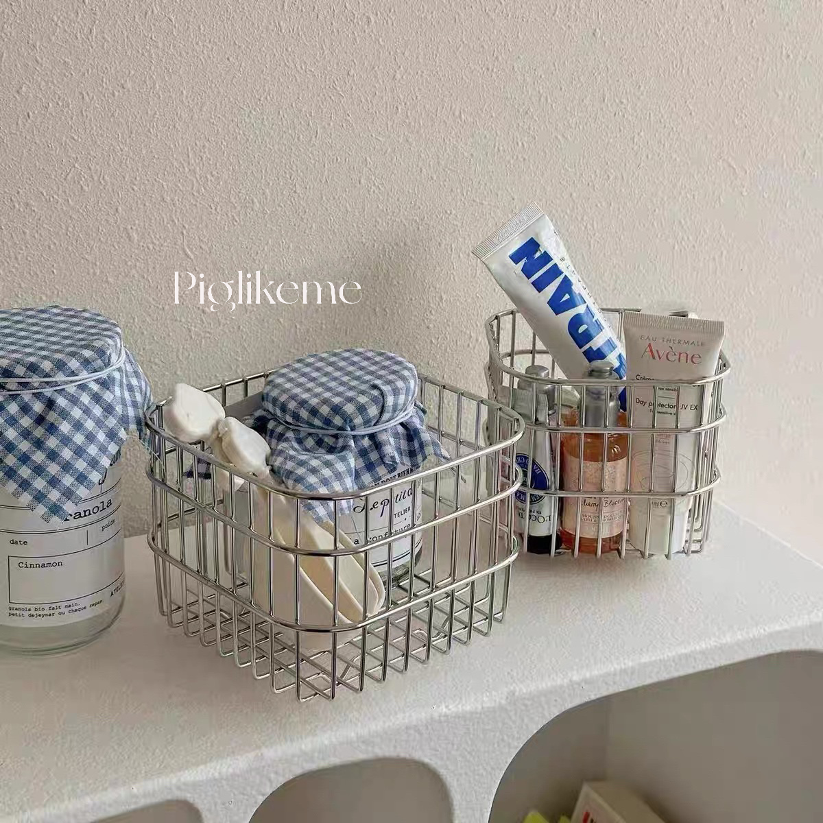 Piglikeme| 讓收納變得更有溫度🪵不鏽鋼桌面收納筐化妝品 洗漱用品 雜物籃