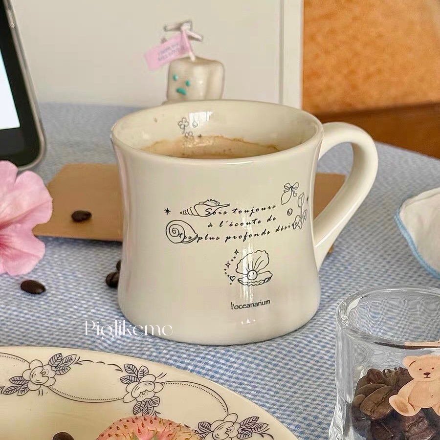 Piglikeme|法式簡約「海邊白色的貝殼」修身陶瓷杯馬克杯 早餐杯 咖啡杯 牛奶杯