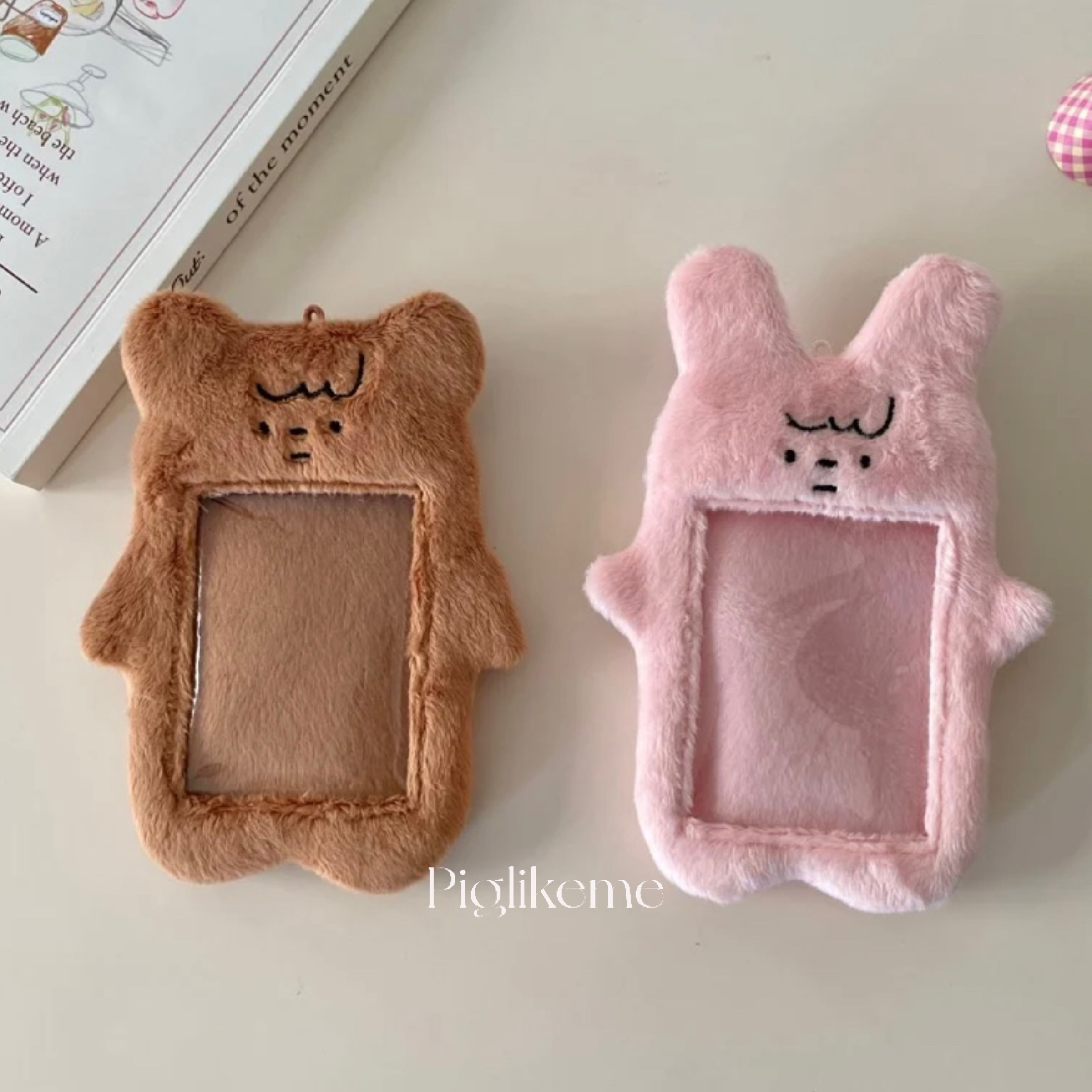 Piglikeme |棕熊與粉兔毛絨卡套小卡卡套 拍立得追星小卡卡套吊飾