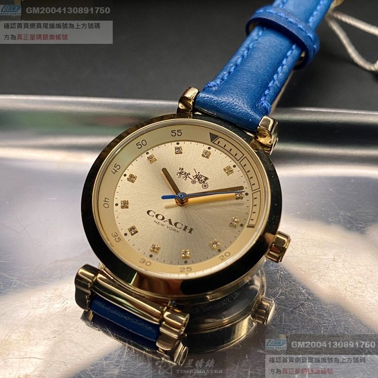 COACH手錶，編號CH00047，30mm金色圓形精鋼錶殼，金色簡約錶面，寶藍真皮皮革錶帶款