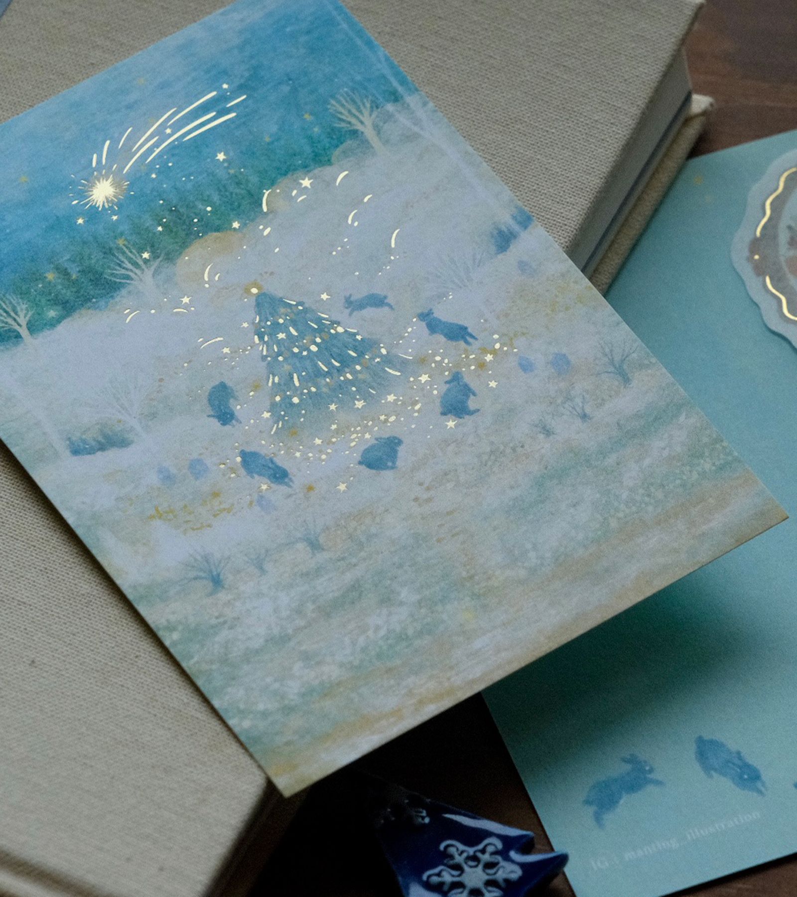 燙金聖誕卡 - 兔子與聖誕夜的流星