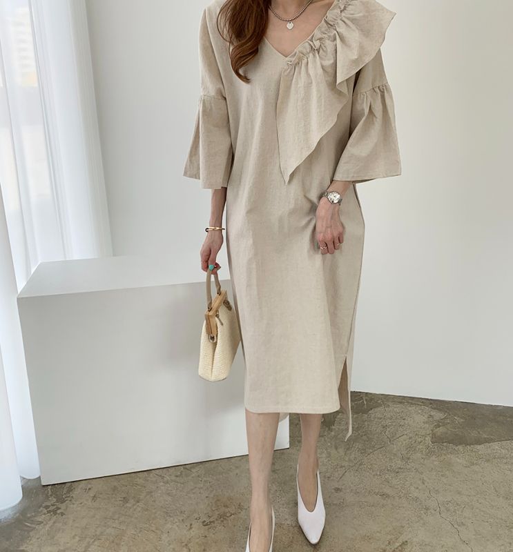 預購-2201亞麻不規則中長款連身裙-杏色