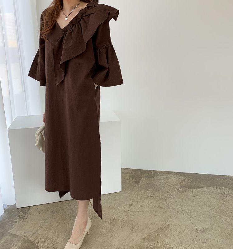 預購-2201亞麻不規則中長款連身裙-咖啡色