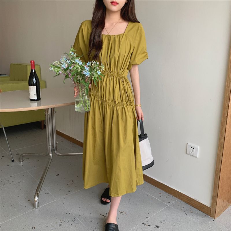 預購-2203法式方領抽繩收腰連身裙-黃色
