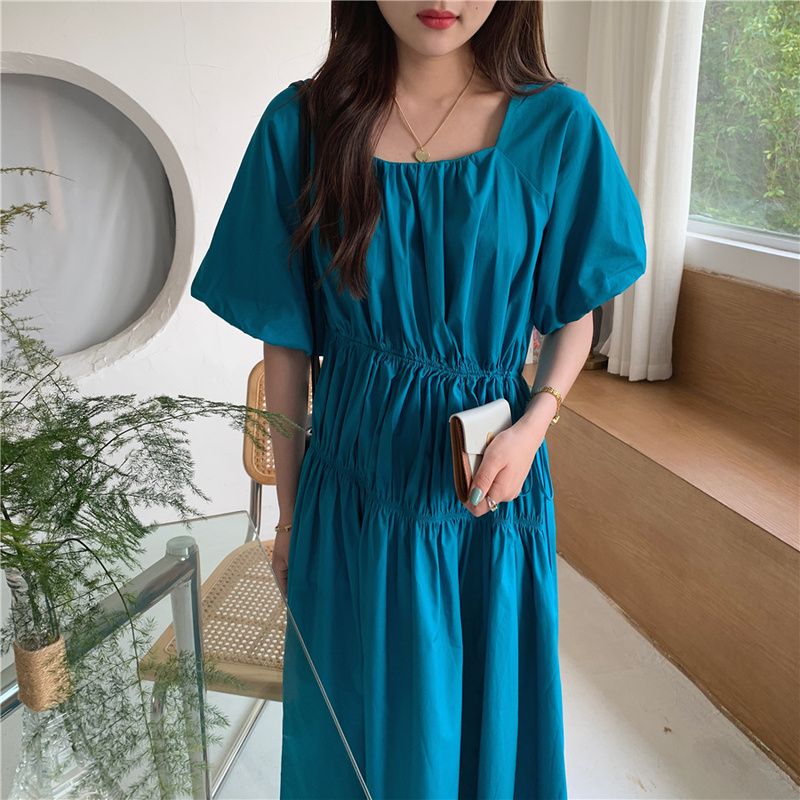 預購-2203法式方領抽繩收腰連身裙-藍色