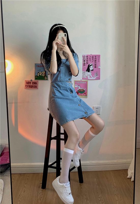 預購-2224性感露腰排釦牛仔連身裙